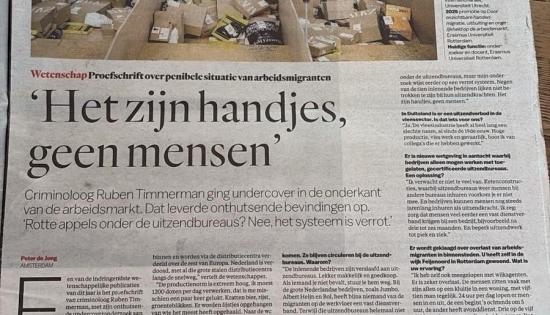 Photo from the newspaper article on Ruben Timmerman's investigation into abuses in the logistics sector.